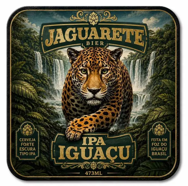 Arte do rótulo da Jaguarete IPA Iguaçu: onça-pintada diante das Cataratas do Iguaçu.
