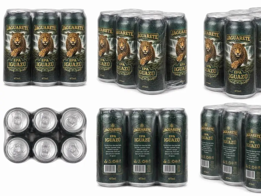 Packs de 6 e 12 latas da Jaguarete IPA Iguaçu, frente e verso.