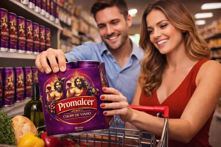 Casal escolhendo um pack de Chopp de Vinho Promalcer no supermercado.
