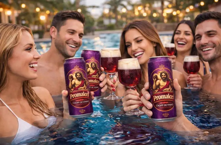 Grupo brindando com Promalcer na beira da piscina.