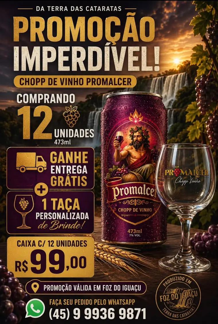 Arte da promoção: caixa com 12 latas de 473 ml por R$ 99,00, com entrega grátis e taça personalizada.